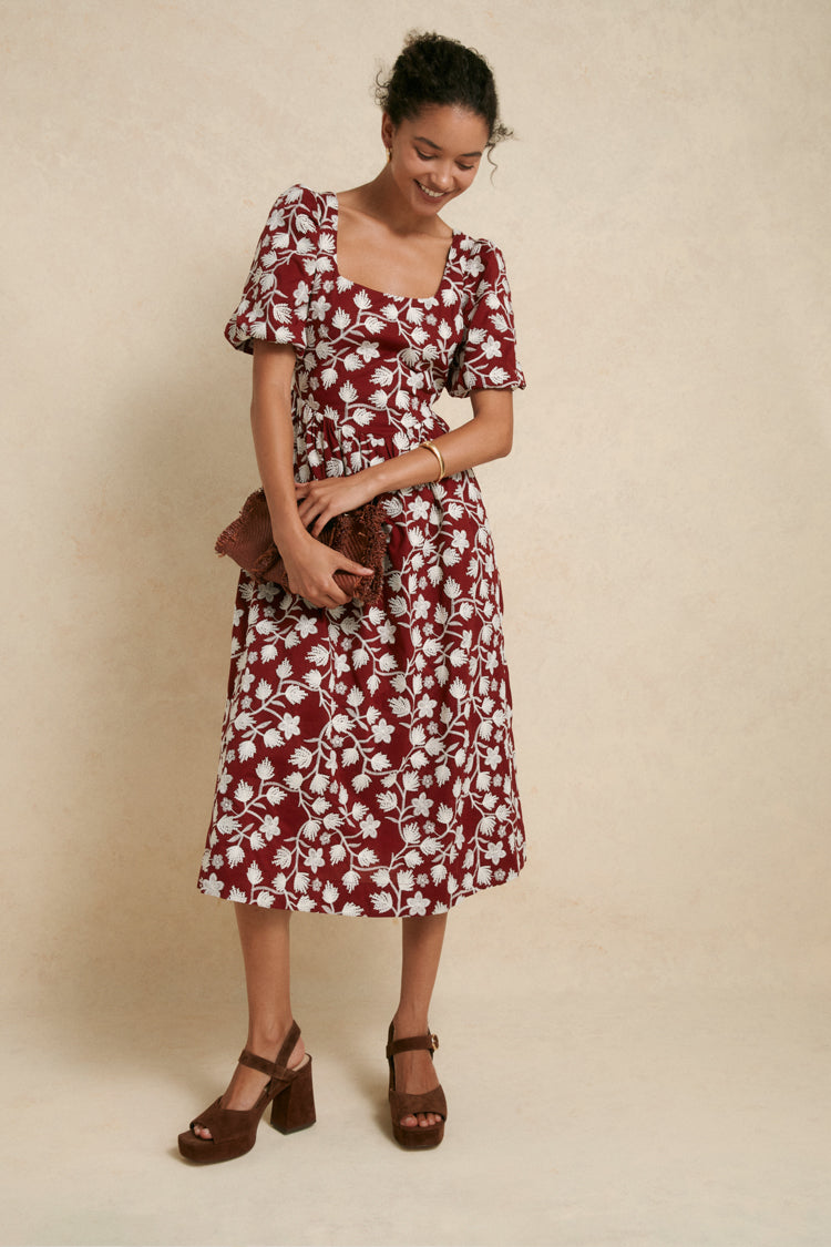 Wildflower Vine Floral Embroidered Mira Midi Dress