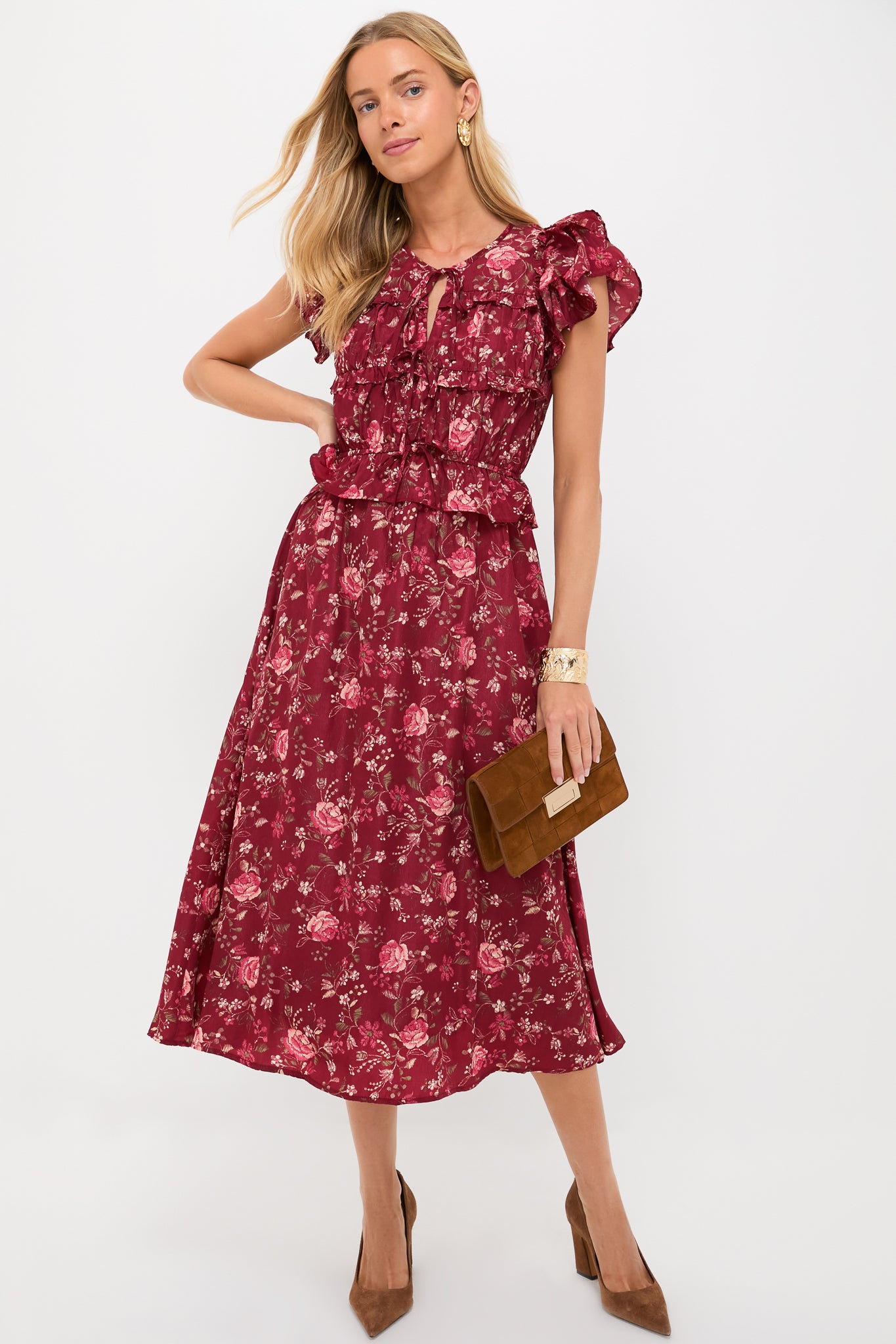 Oxblood Multi Floral Midi Dress Oxblood Multi Floral Midi Dress