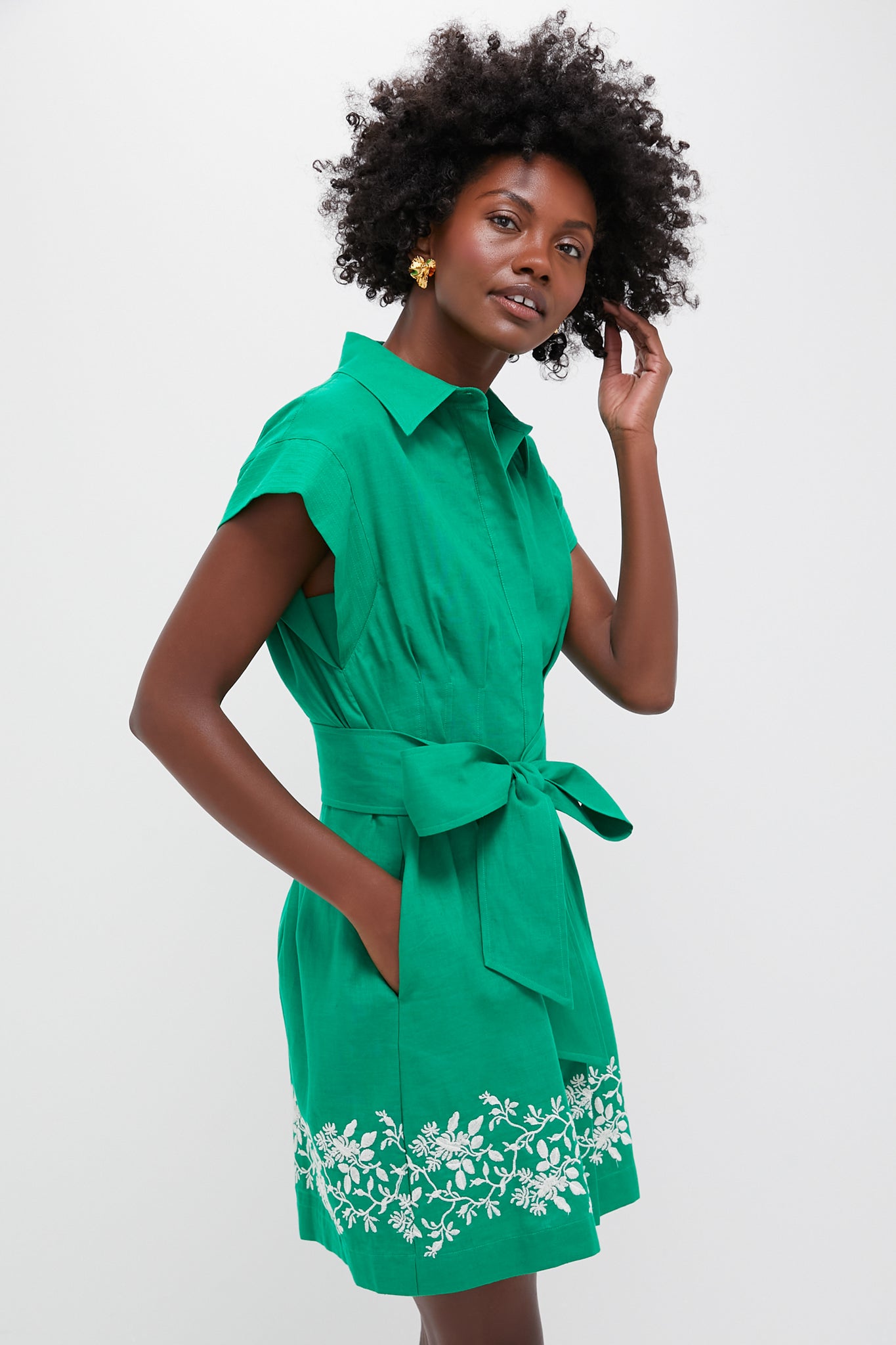 Garden Green Embroidered Cotton Linen Mini Callie Dress