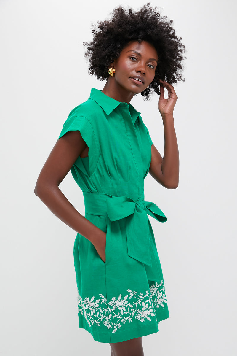 Garden Green Embroidered Cotton Linen Mini Callie Dress
