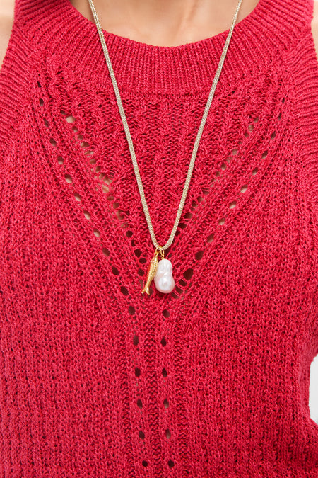 Gold Lurex Cord Necklace with Baroque Pearl and Gold Fish Charms