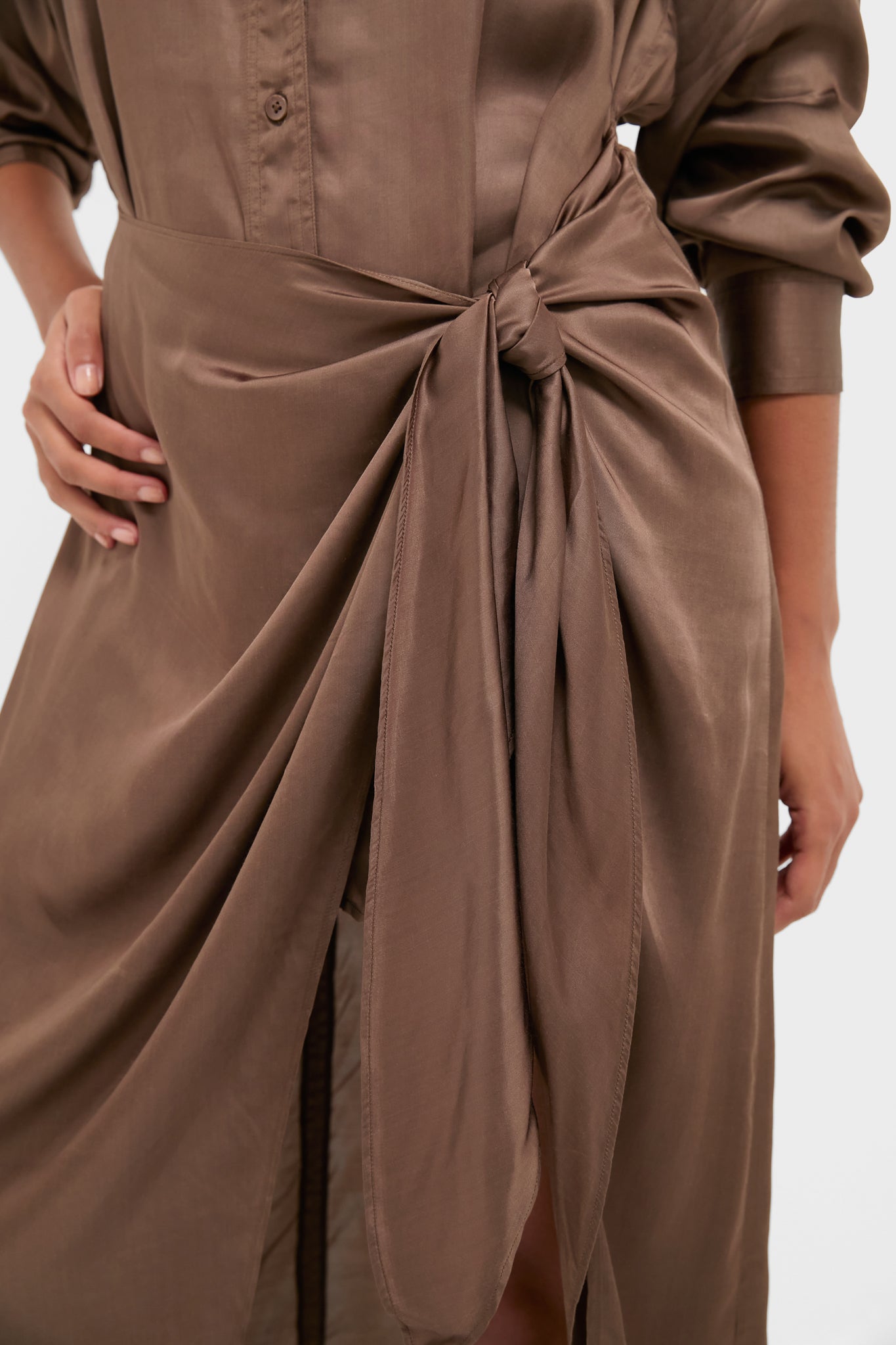 Morel Alessandra Sarong Shirt Dress features a classic, effortless wrap skirt with a side-tie, cuffed sleeves, and elegant draping for a fun, high-end look.
