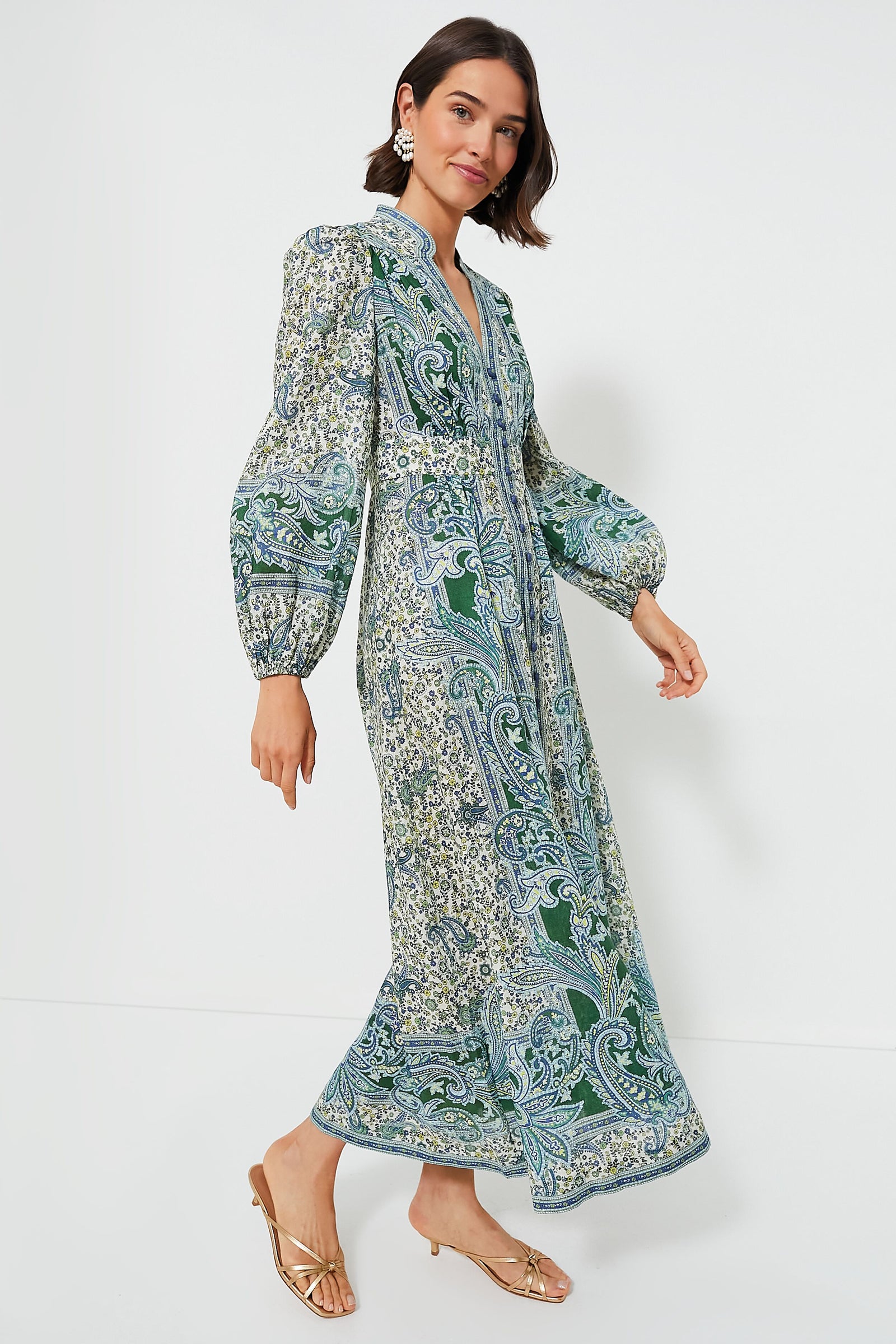 Green Paisley Ottie Plunge Midi Dress