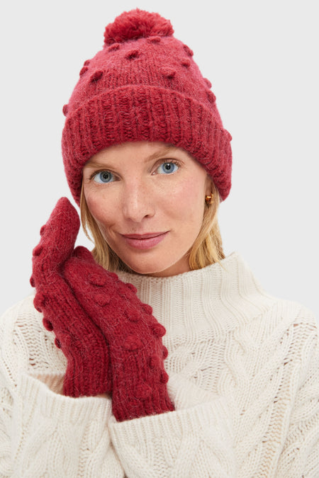 Red Pom Pom Hat and Mittens Set