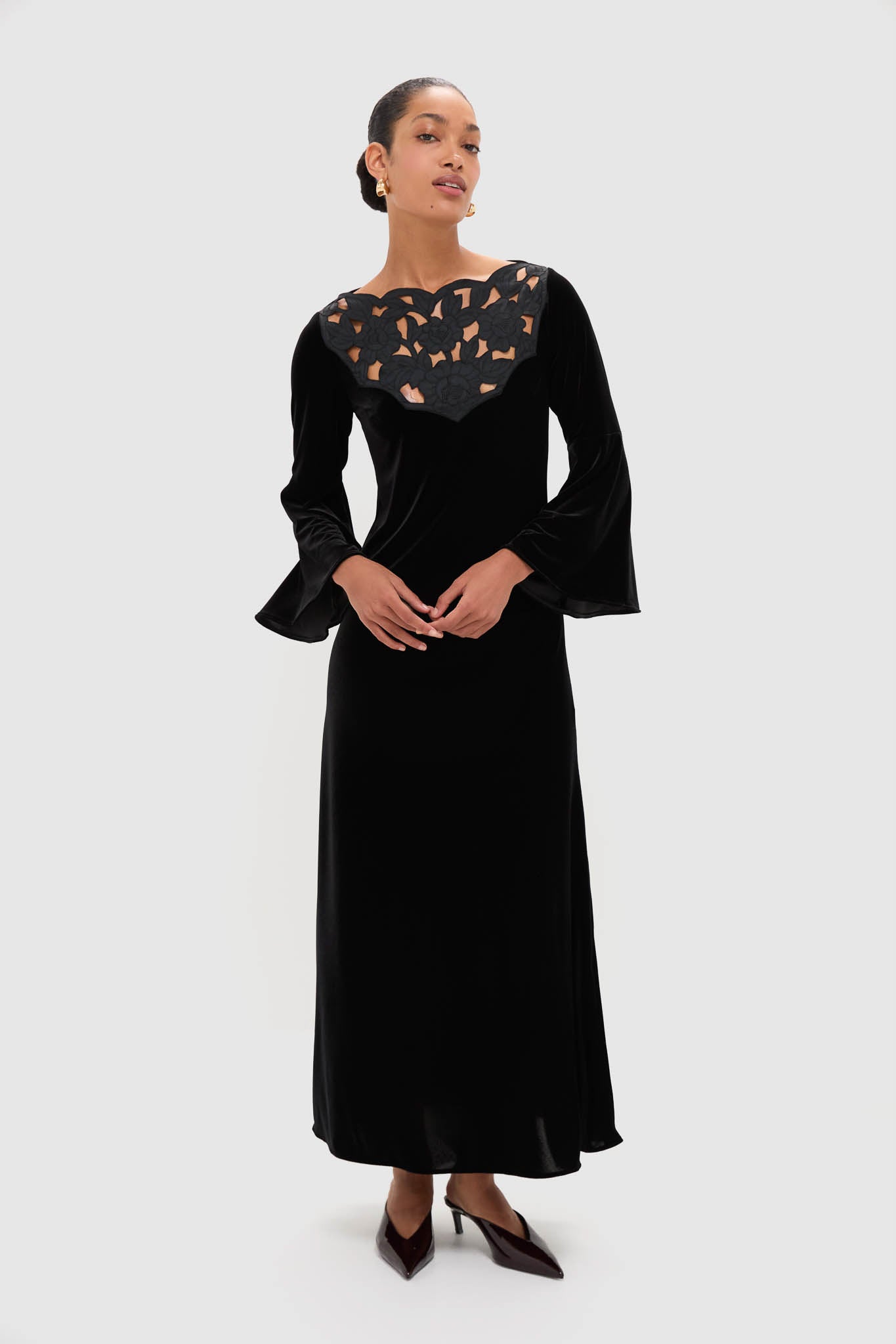 Accademia Black Velvet Bell Sleeve Catherine Maxi Dress | Loretta