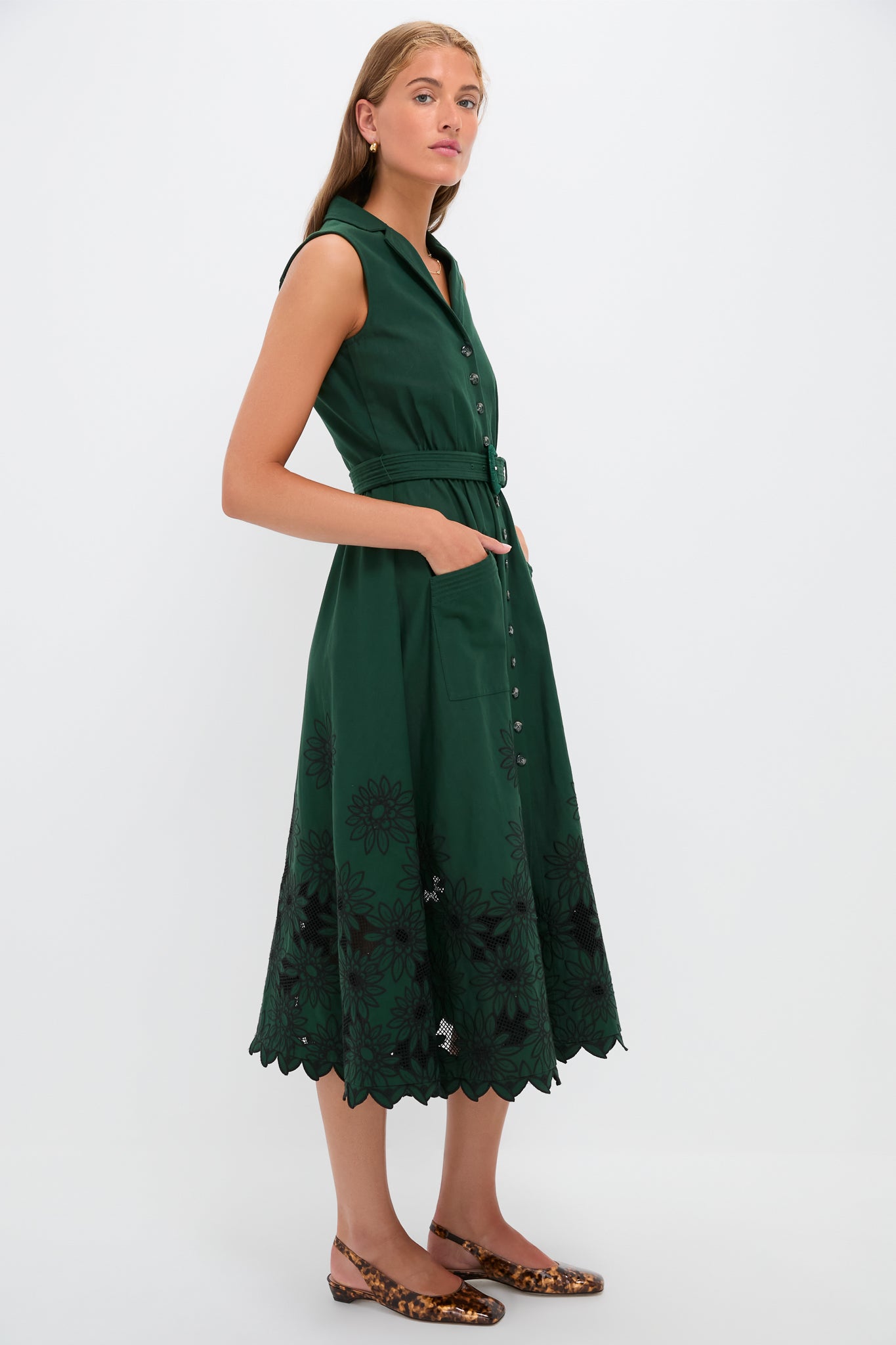 Pine Green Embroidered Kirat Midi Dress