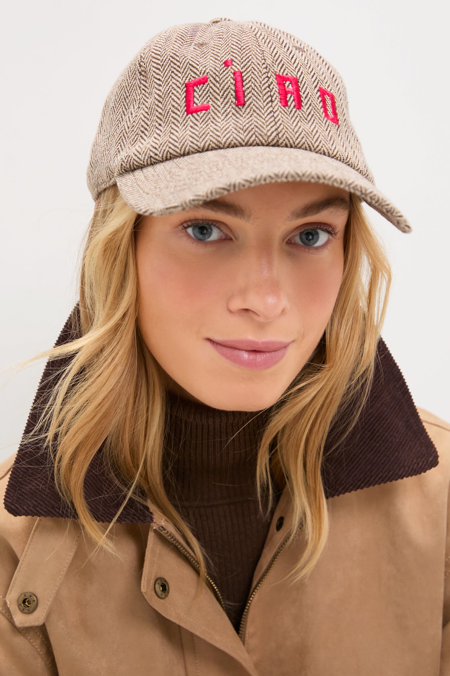 Taupe with Red Embroidered Ciao Wool Baseball Hat