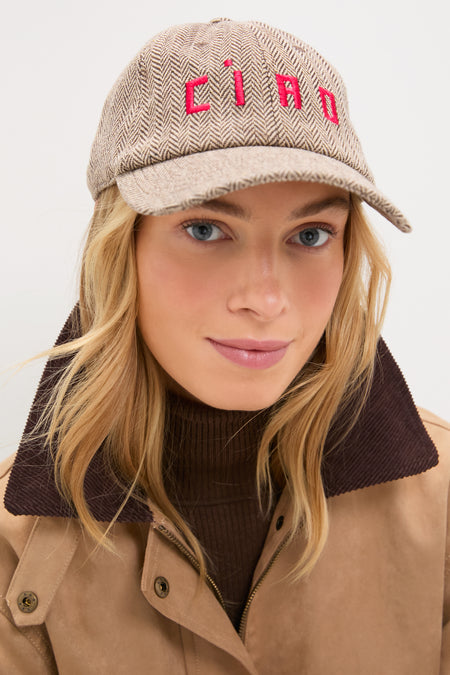Taupe with Red Embroidered Ciao Wool Baseball Hat