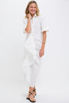 White Gathered Ruffle Shirt Dress