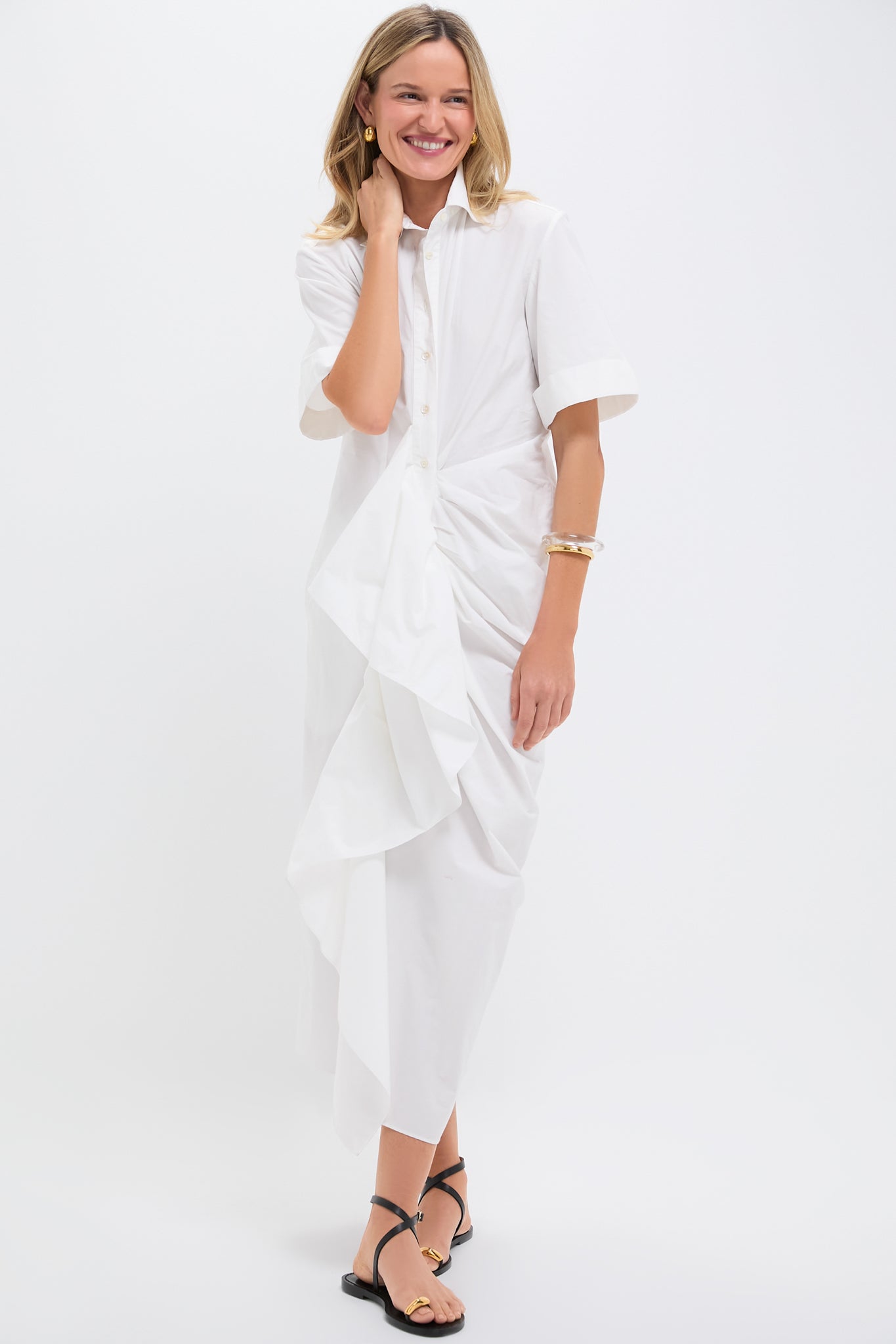 White Gathered Ruffle Shirt Dress