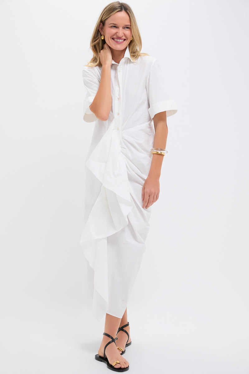 White Gathered Ruffle Shirt Dress