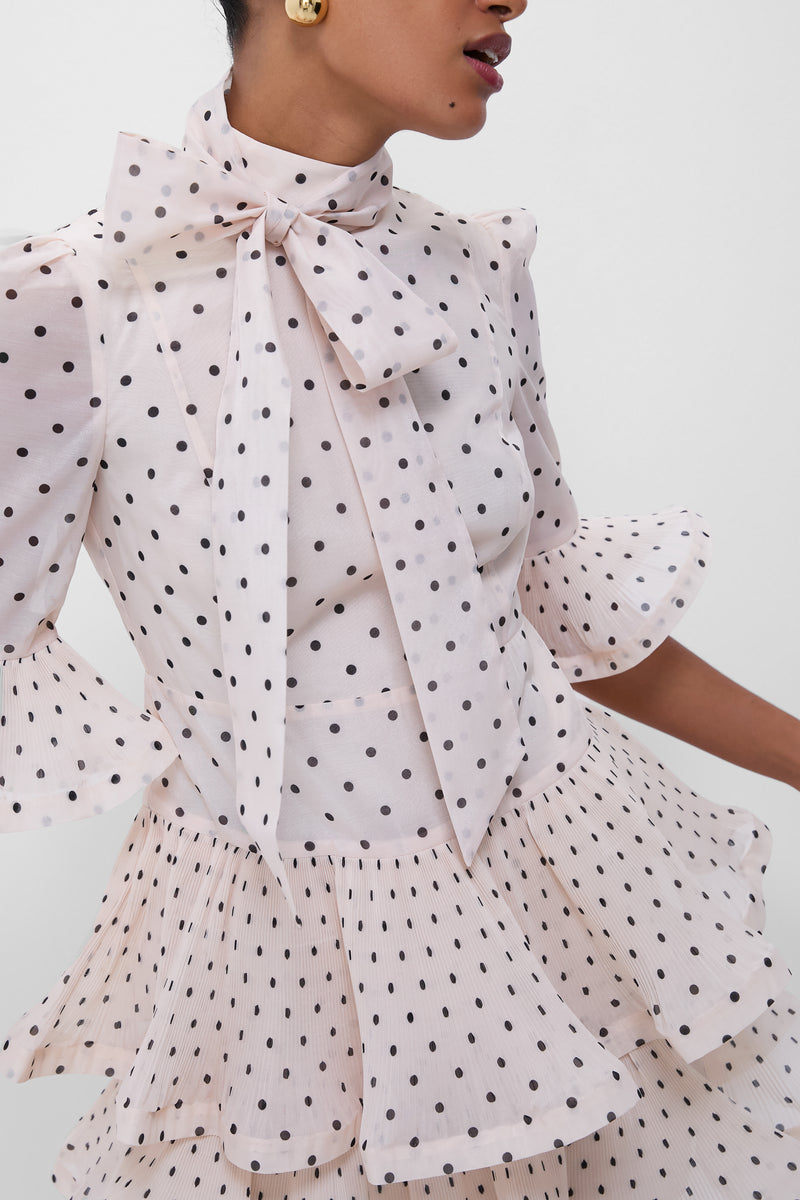 Cream and Black Polka Dot Pleated Sleeved Mini Dress
