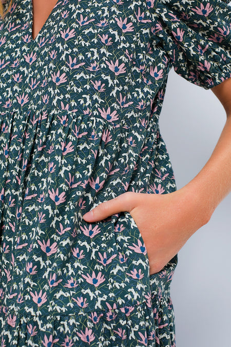 Green & Pink Floral Tiered Sadie Midi Dress
