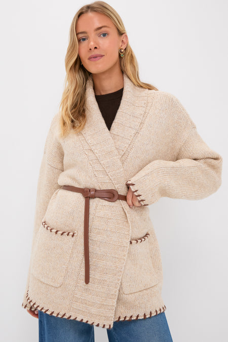 Sandstone Heather and Brown Blanket Stitch Harrow Cardigan
