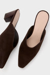 A pair of Loeffler Randall dark brown suede slip-on heeled mules featuring a pointed toe and chunky wooden heel, displayed from above on a light background.