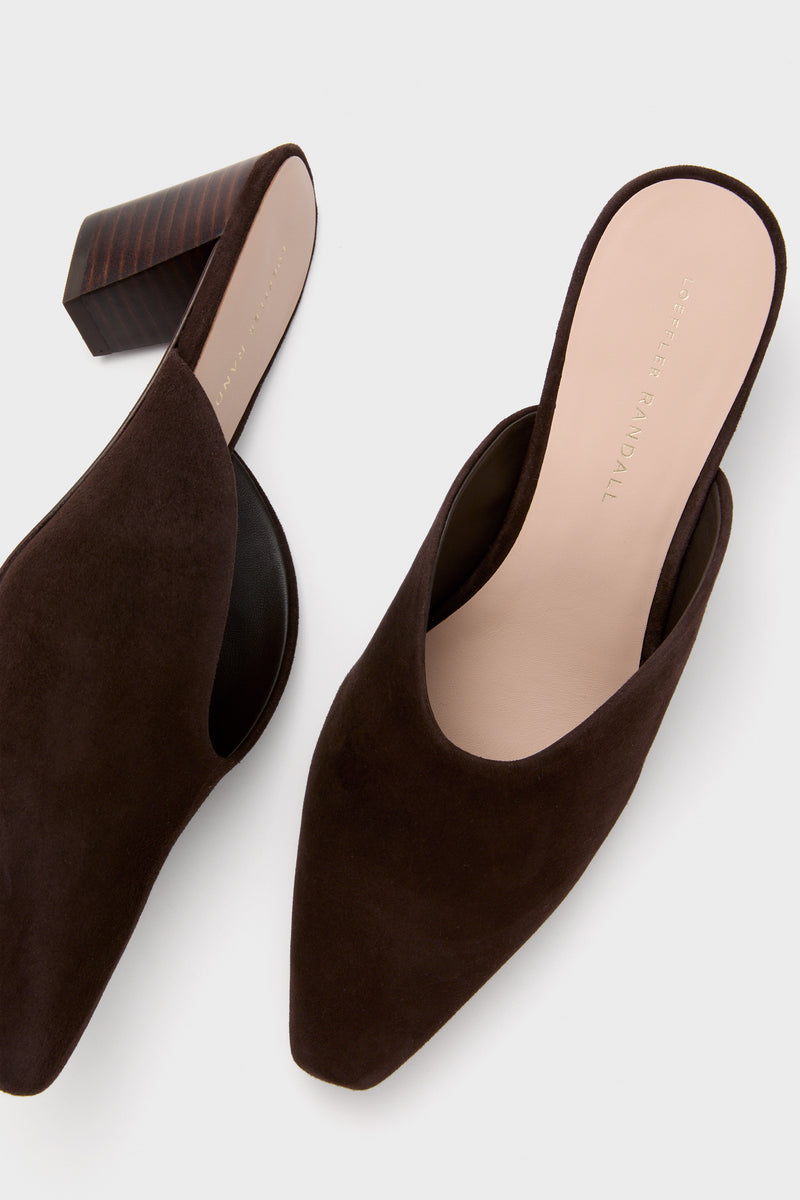A pair of Loeffler Randall dark brown suede slip-on heeled mules featuring a pointed toe and chunky wooden heel, displayed from above on a light background.