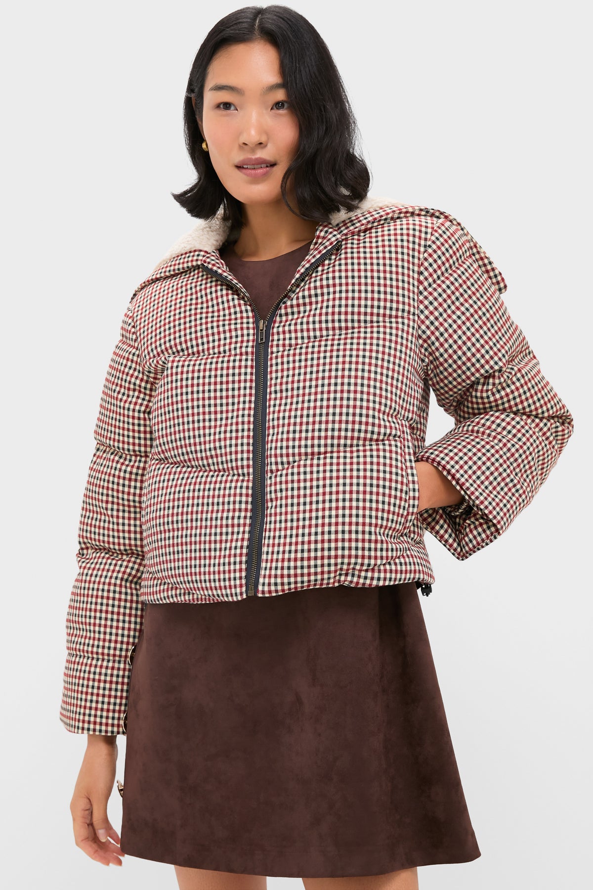 Multi Sally Gingham Puffer with Shearling Collar