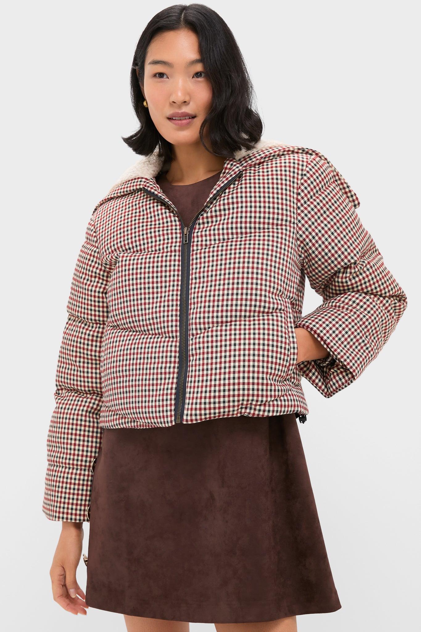 Multi Sally Gingham Puffer with Shearling Collar