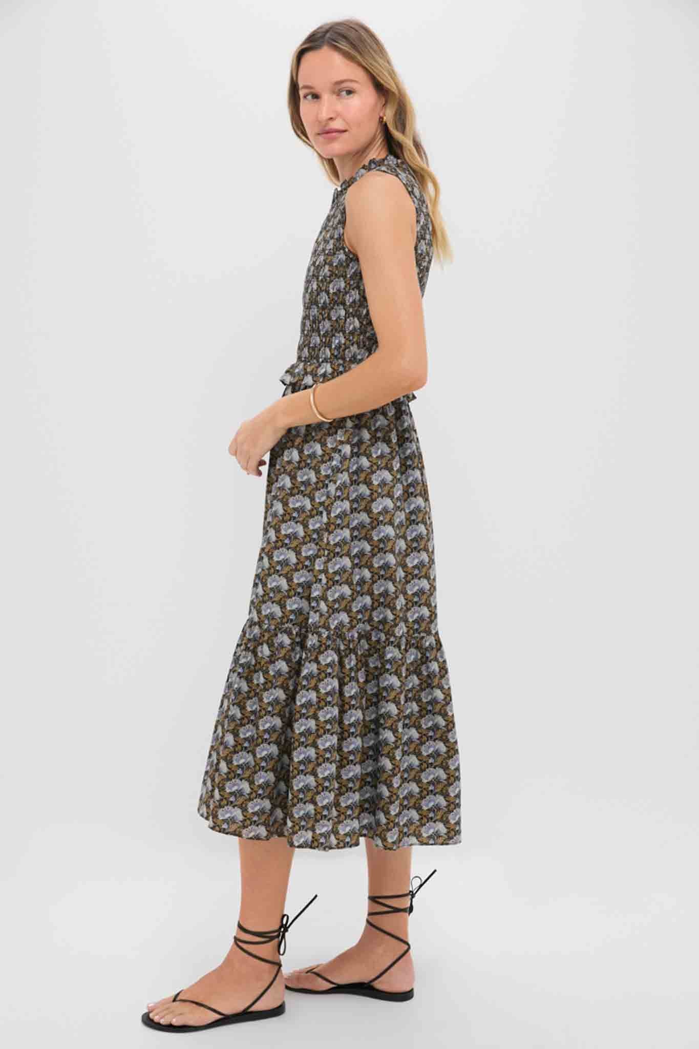 blue dress for baby girl Black Leafy Floral Smocked Seaton Midi Dress
