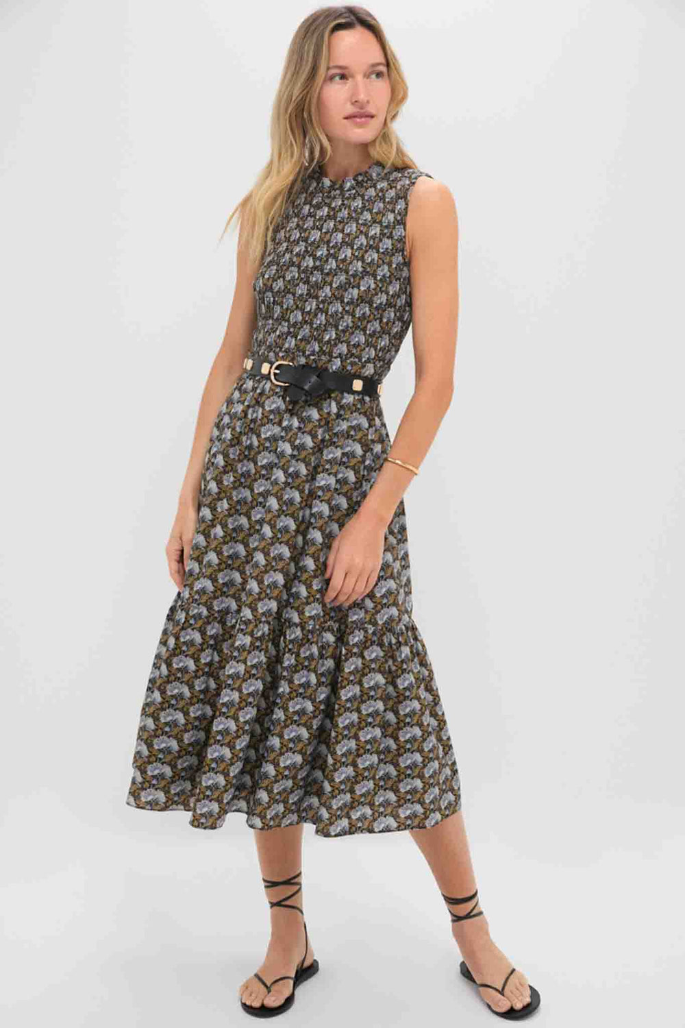 green emerald velvet dress Black Leafy Floral Smocked Seaton Midi Dress