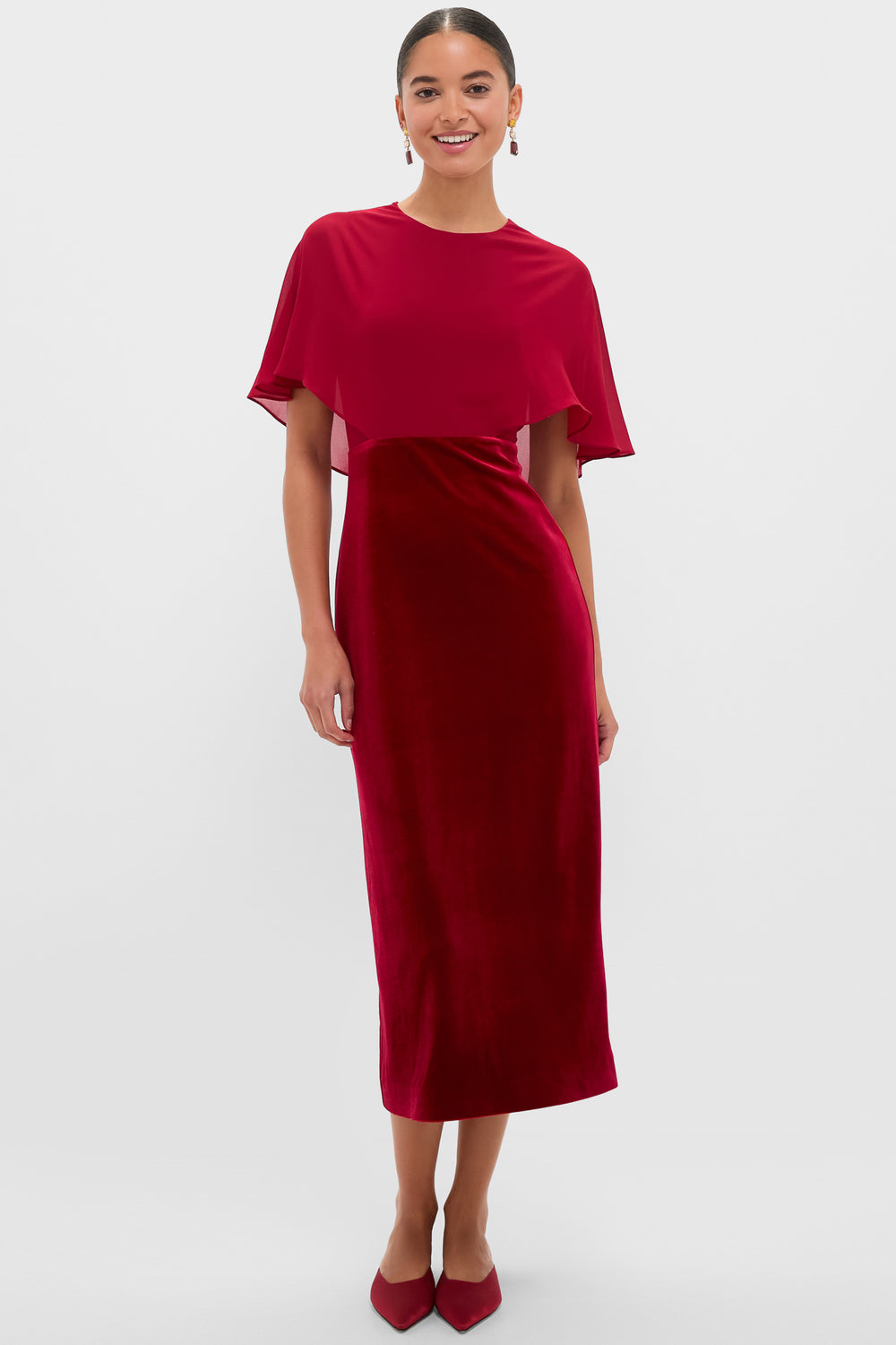 tuckernuck velvet dress Tuckernuck Cranberry Velvet Chiffon Mixed Media Cape Leah Dress Winetasting / 4