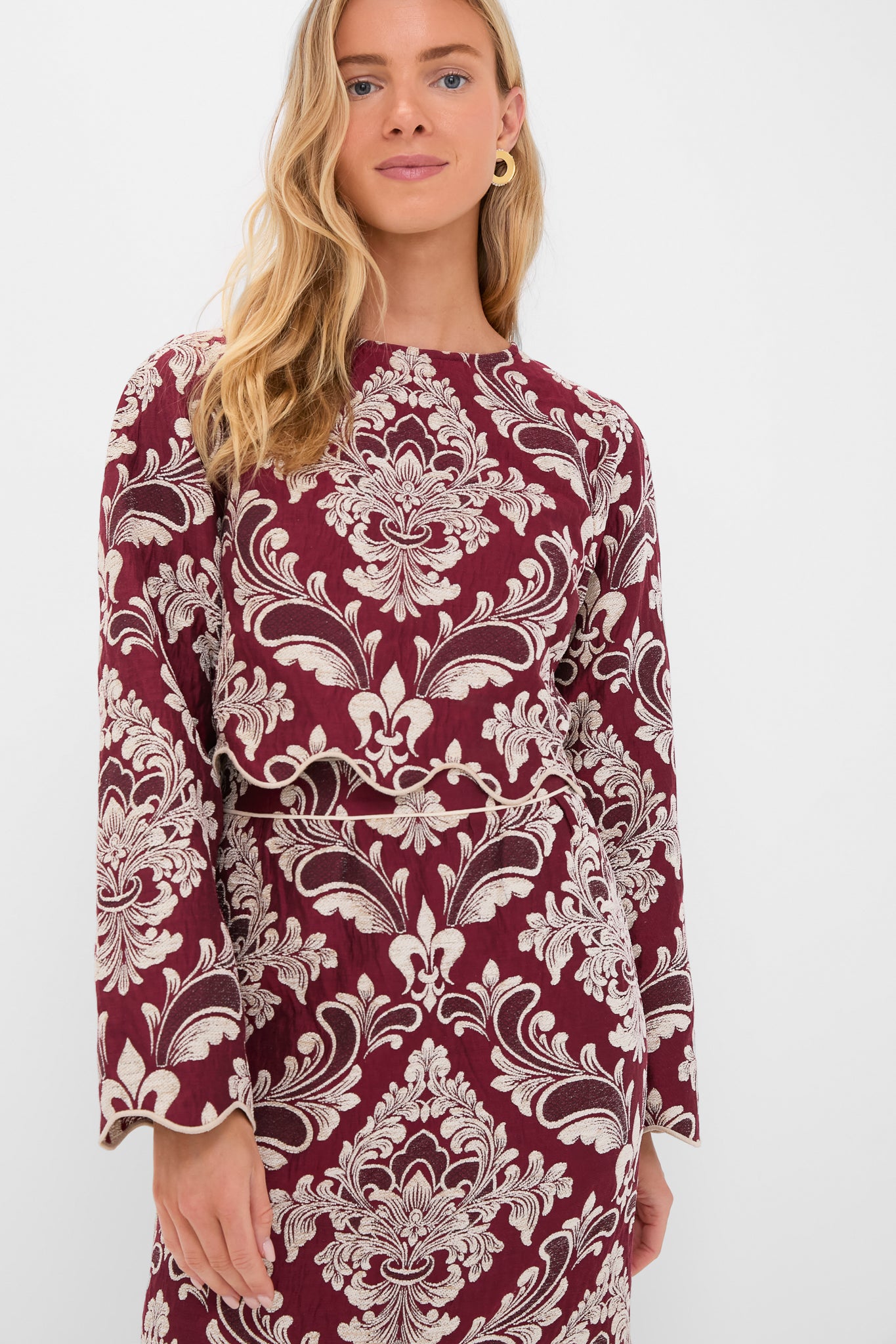 Blush Pink and Burgundy Bicolor Jacquard Waves Long Sleeve Top