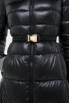 Black Nylon Ultralight Quilted Maxi Coat with Elastic Belt