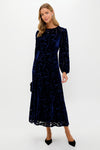 Navy Burnout Velvet Odette Maxi Dress: Effortlessly chic, classic long-sleeved velvet dress with floral details, perfect for a high-end, fun event.