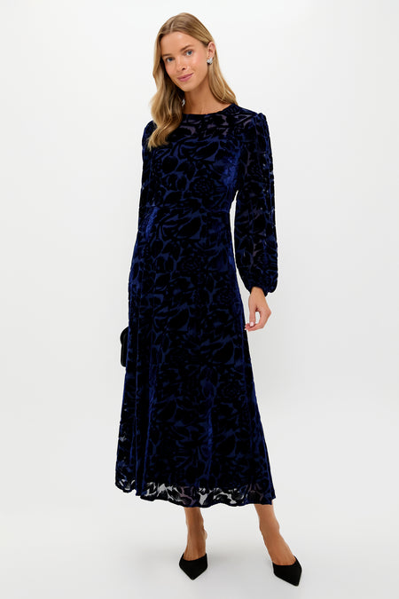 Navy Burnout Velvet Odette Maxi Dress: Effortlessly chic, classic long-sleeved velvet dress with floral details, perfect for a high-end, fun event.