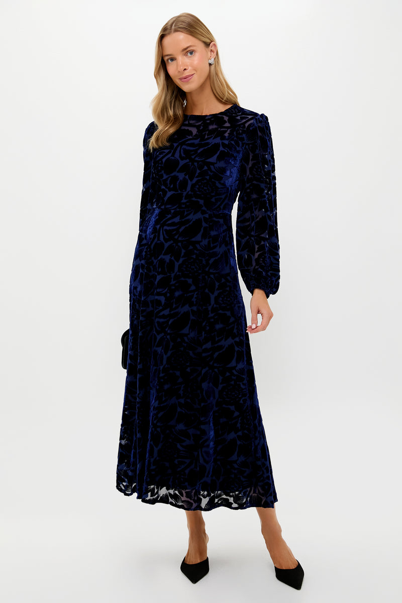 Navy Burnout Velvet Odette Maxi Dress: Effortlessly chic, classic long-sleeved velvet dress with floral details, perfect for a high-end, fun event.