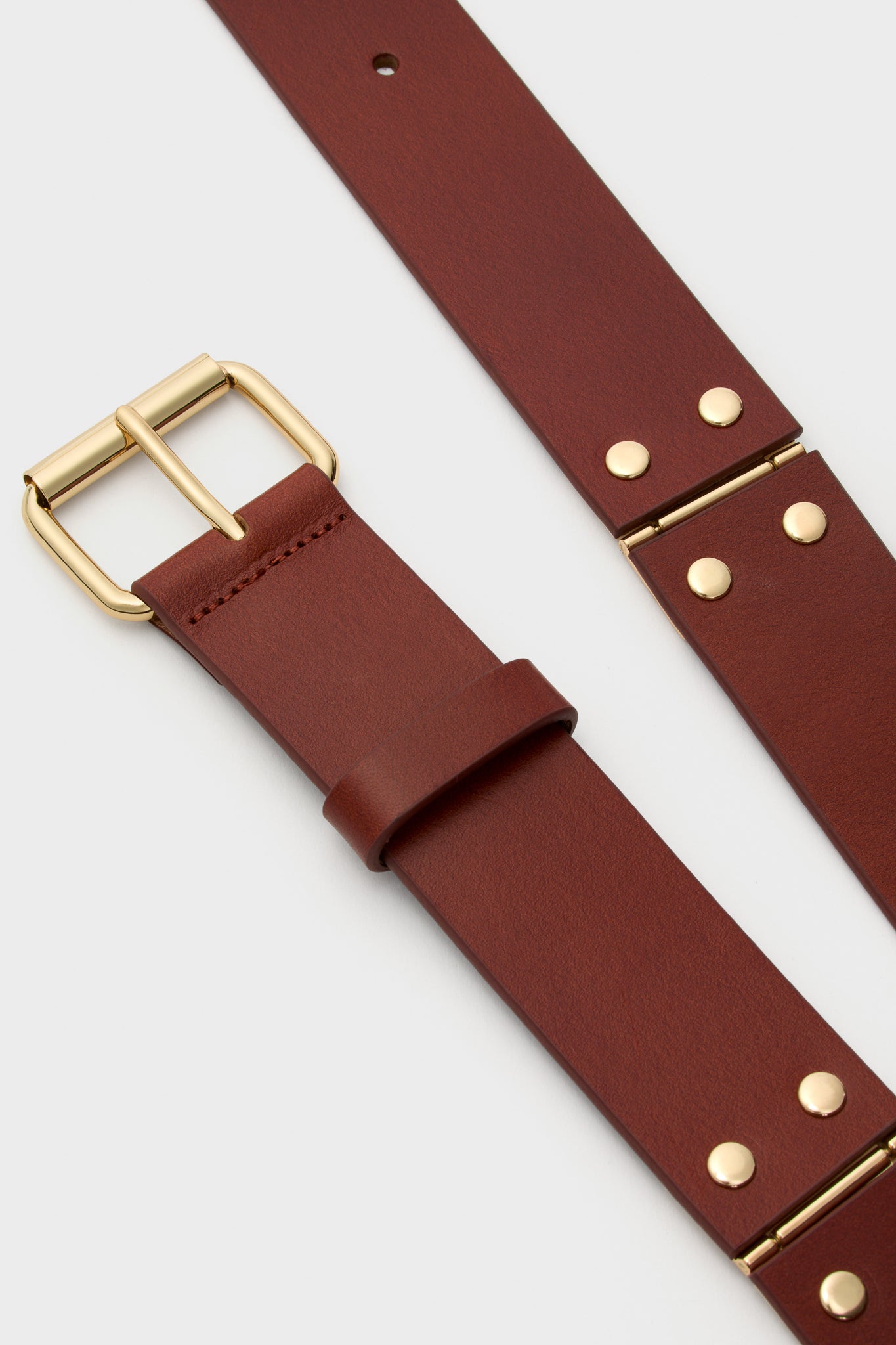 Dark Tan Hinge Belt with a gold-tone buckle and rivets, crafted in smooth leather, offering a classic, high-end touch for an effortless and fun style.