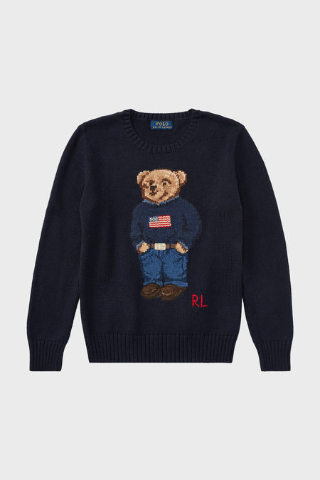 Boys Long-Sleeve Flag Bear Crewneck Sweater