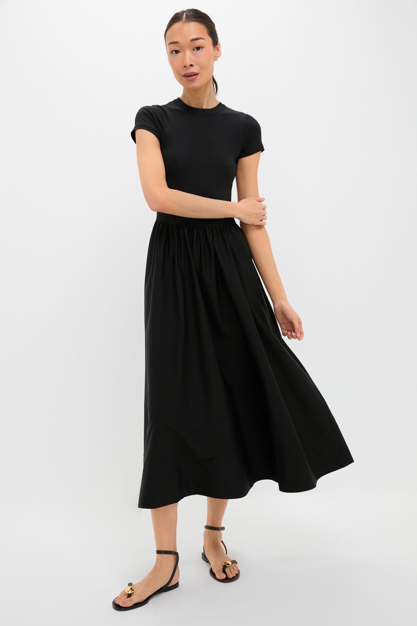 Black Rib Knit Crew Neck Short Sleeve A-Line Dress
