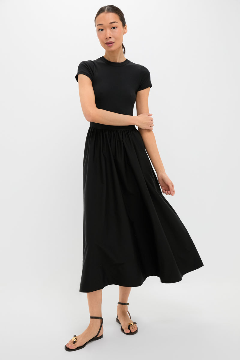 Black Rib Knit Crew Neck Short Sleeve A-Line Dress