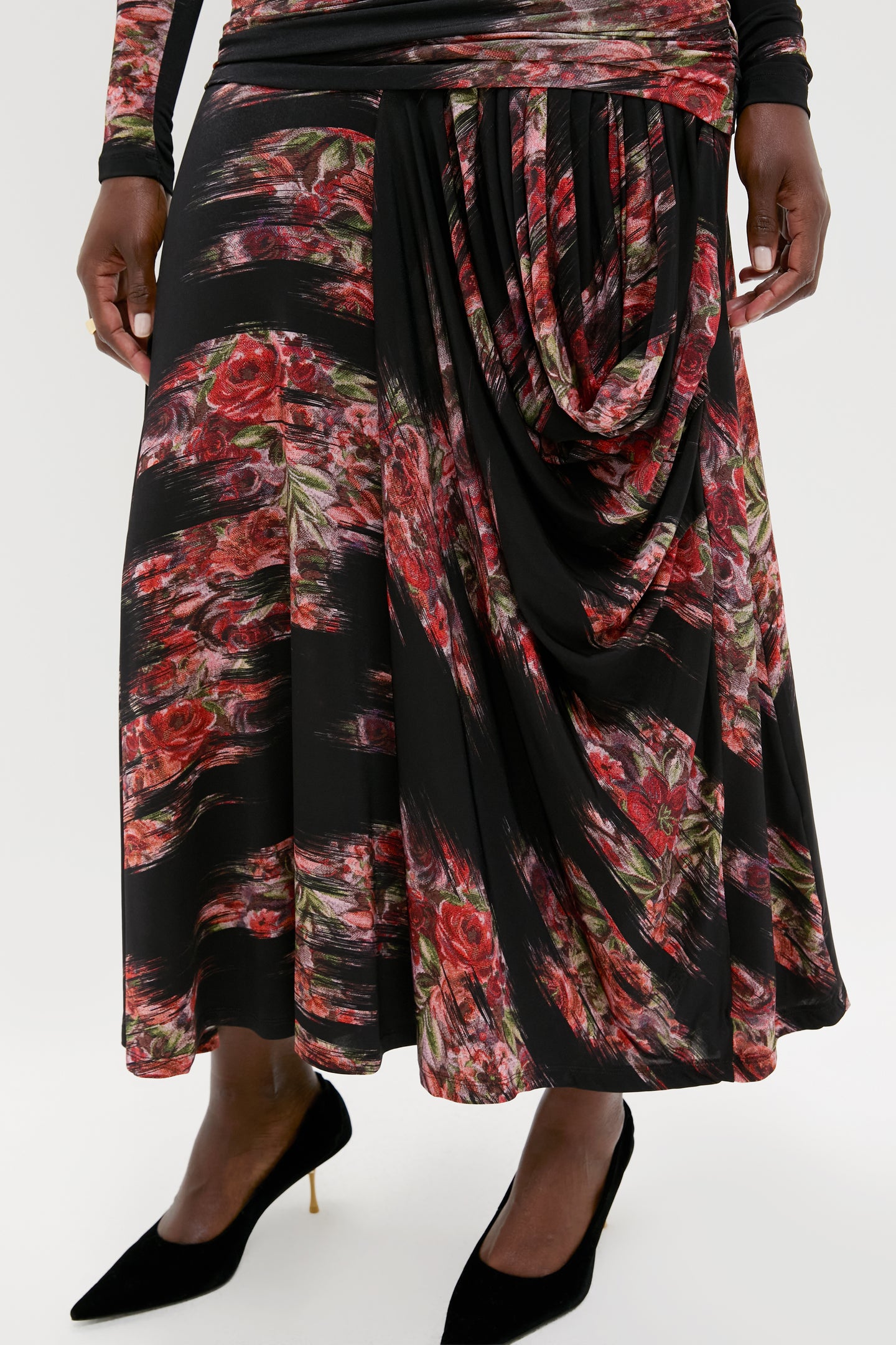 Black Printed Shiny Jersey Ruched Long Dress