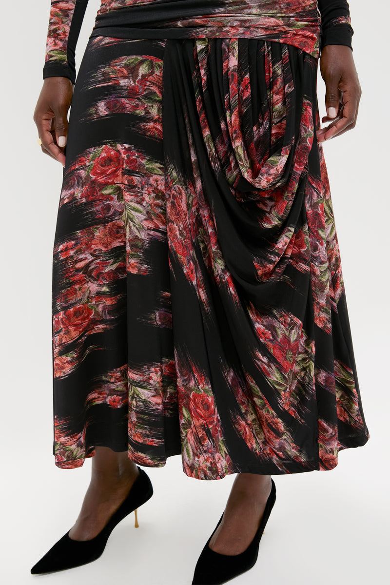 Black Printed Shiny Jersey Ruched Long Dress