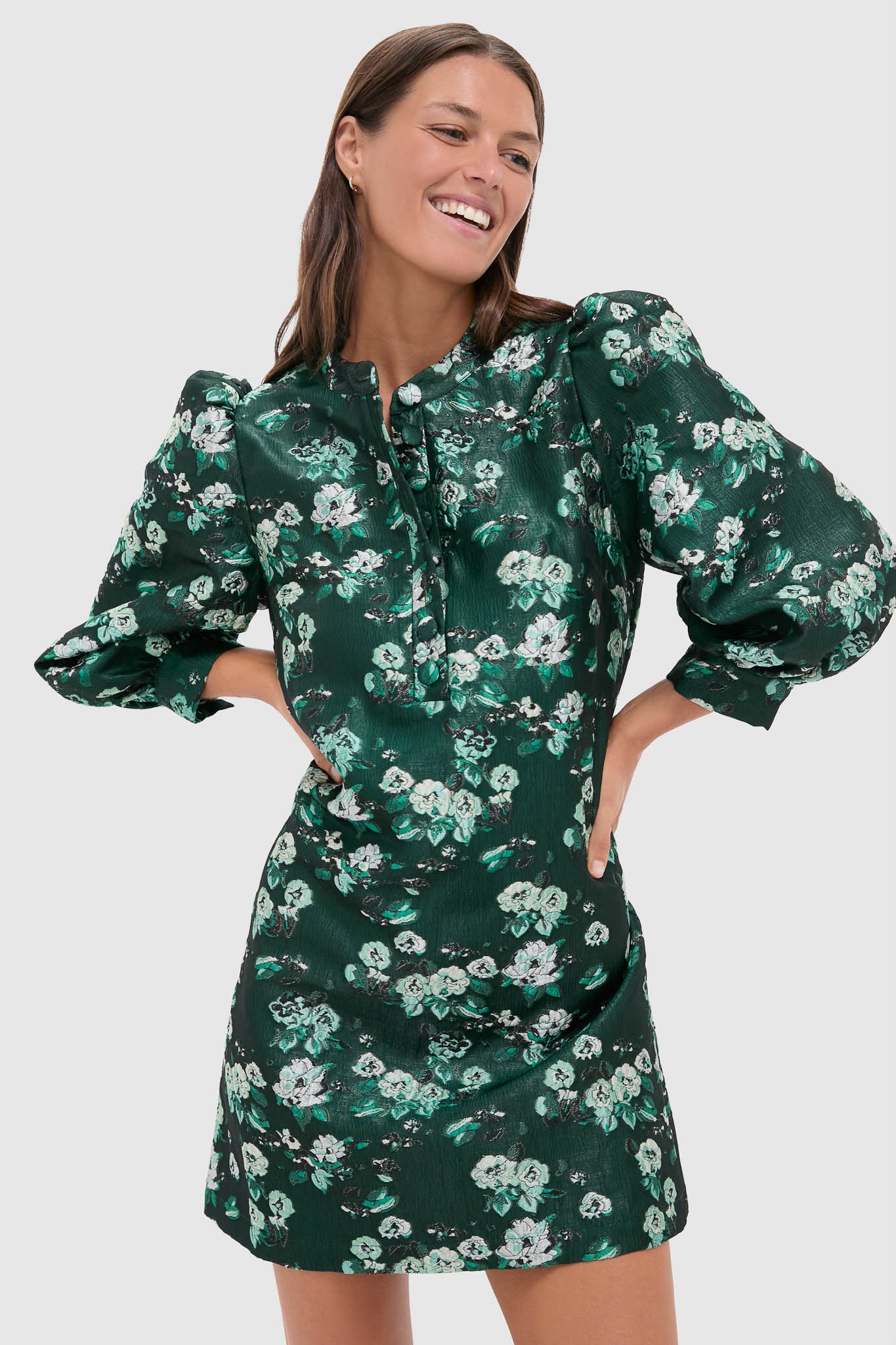 Emerald Magnolia Floral Jacquard Samantha Dress | Pomander Place