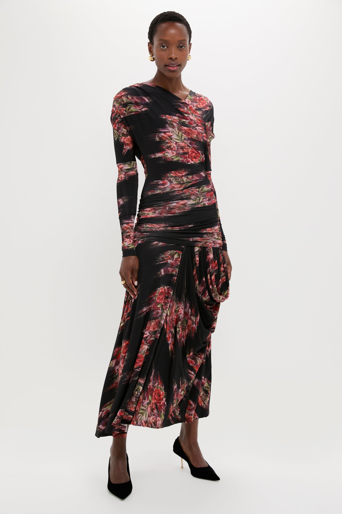 Black Printed Shiny Jersey Ruched Long Dress