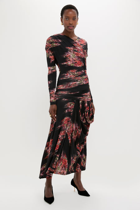 Black Printed Shiny Jersey Ruched Long Dress