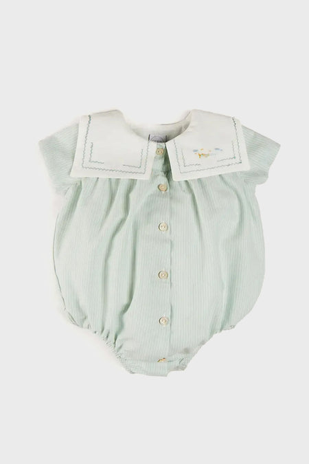 Pembridge Striped Plane Embroidery Short Sleeve Romper in Green