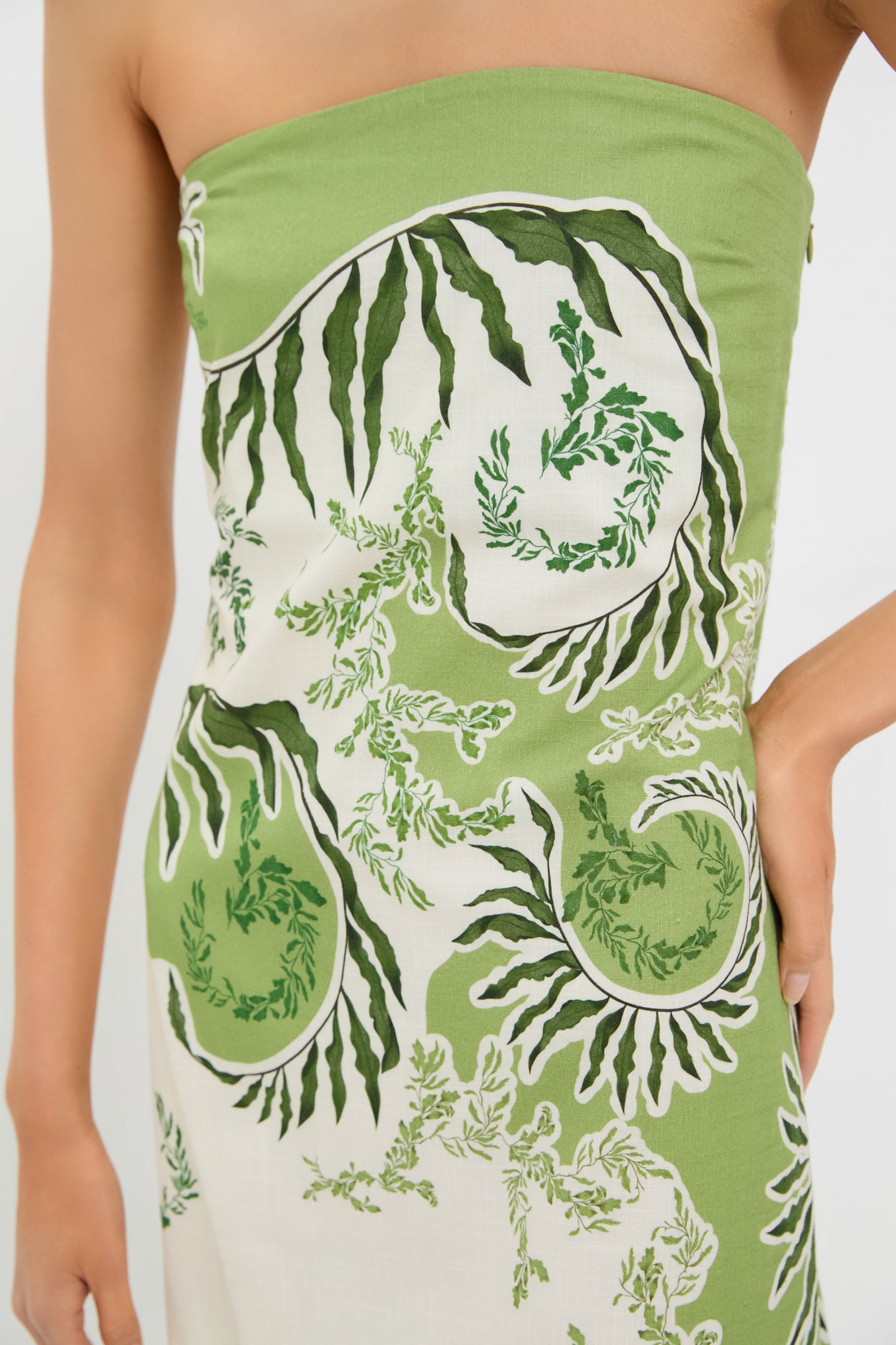 Ireland Green Wess Midi Dress: Strapless, classic sundress with a swirling botanical pattern, featuring a sleek side slit for an effortless, high-end look. Perfect for fun, chic occasions.