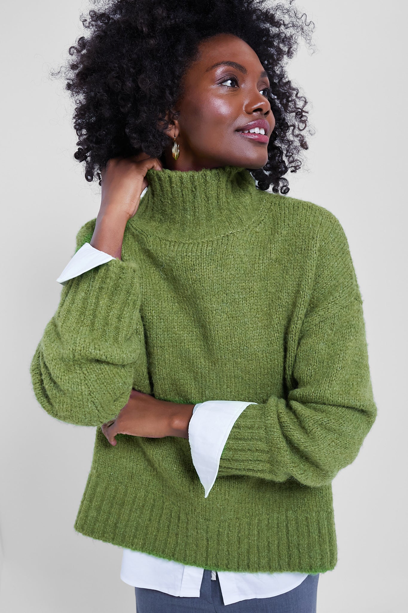 Cable Knit Army Green Turtleneck Sweater Women's Merino Wool