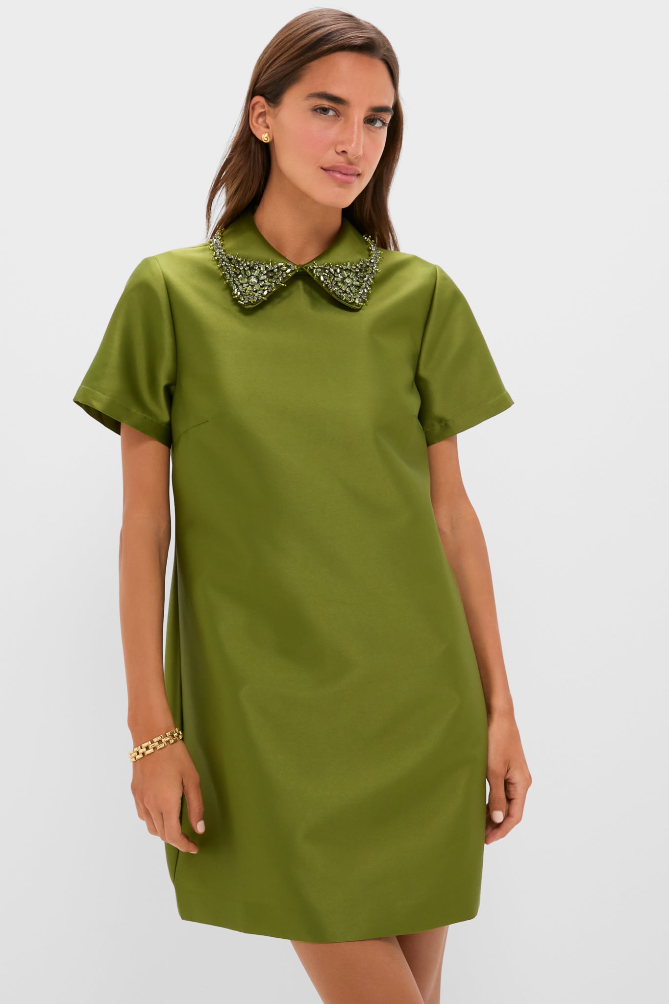green emerald velvet dress Green Braid Neck Double Pocket Shift Tweed Dress