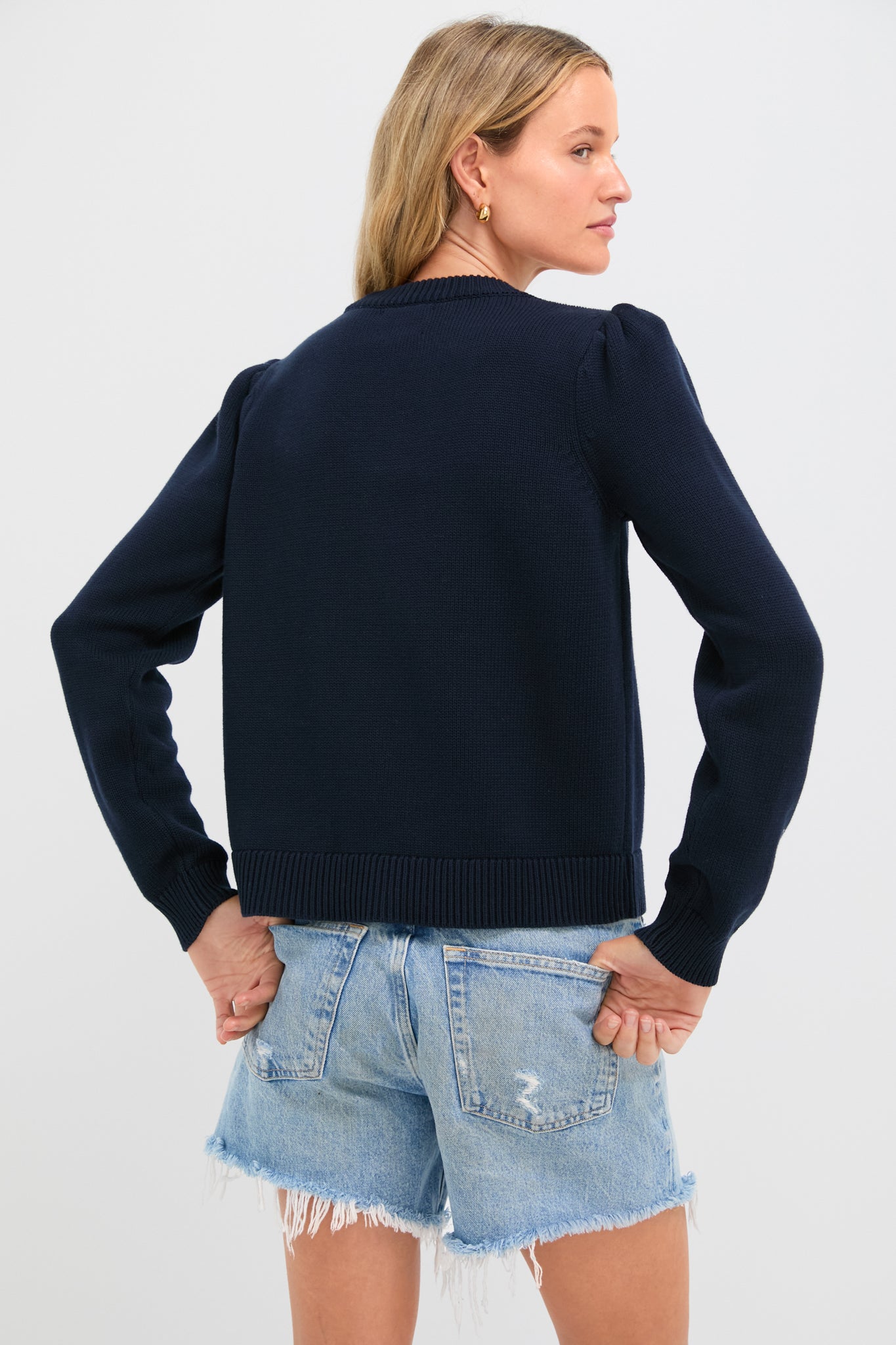 Navy Cropped Cotton Puff Sleeve Americana