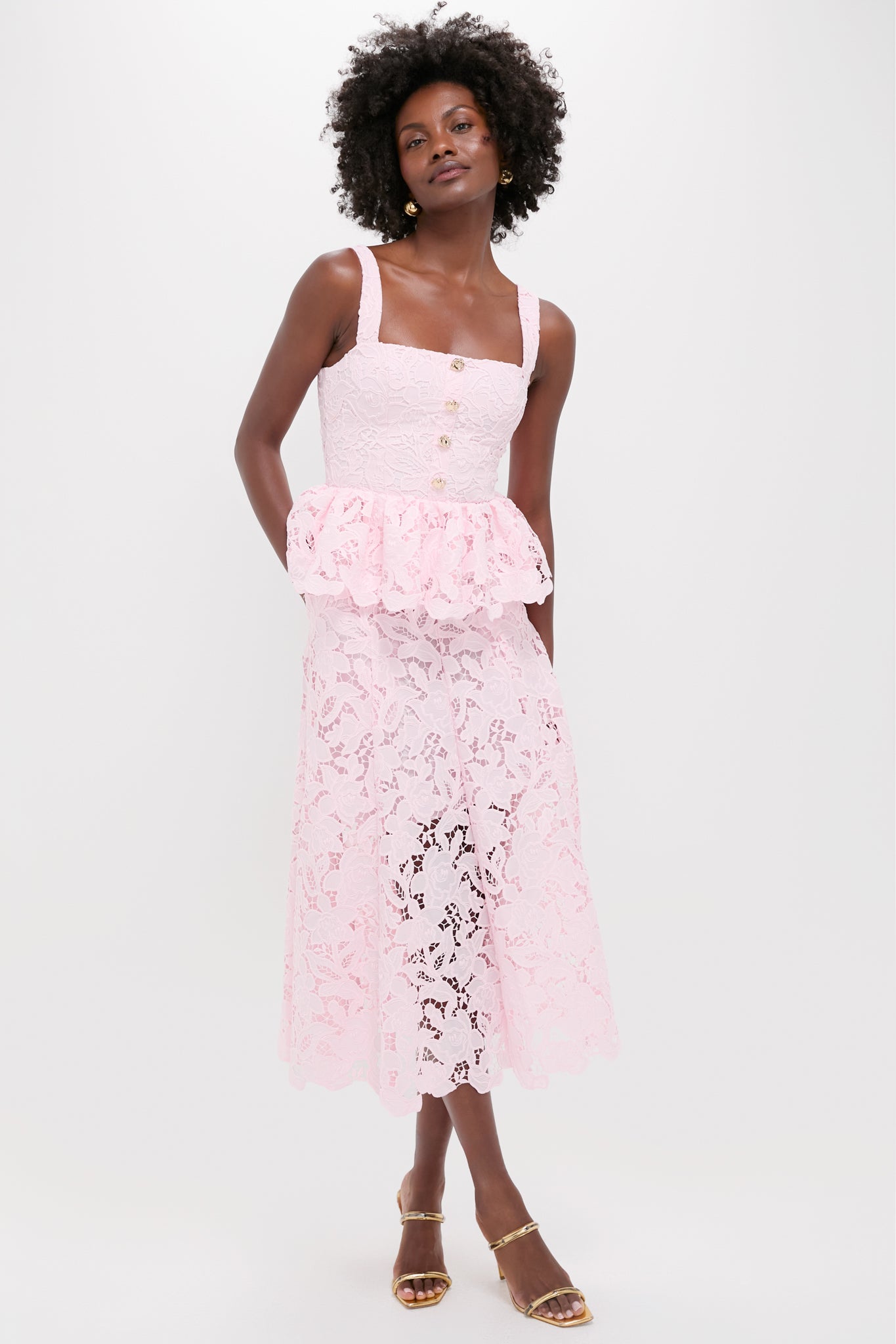 Pink Lace Peplum Midi Dress | Self-Portrait Pink Lace Peplum Midi Dress | Self-Portrait