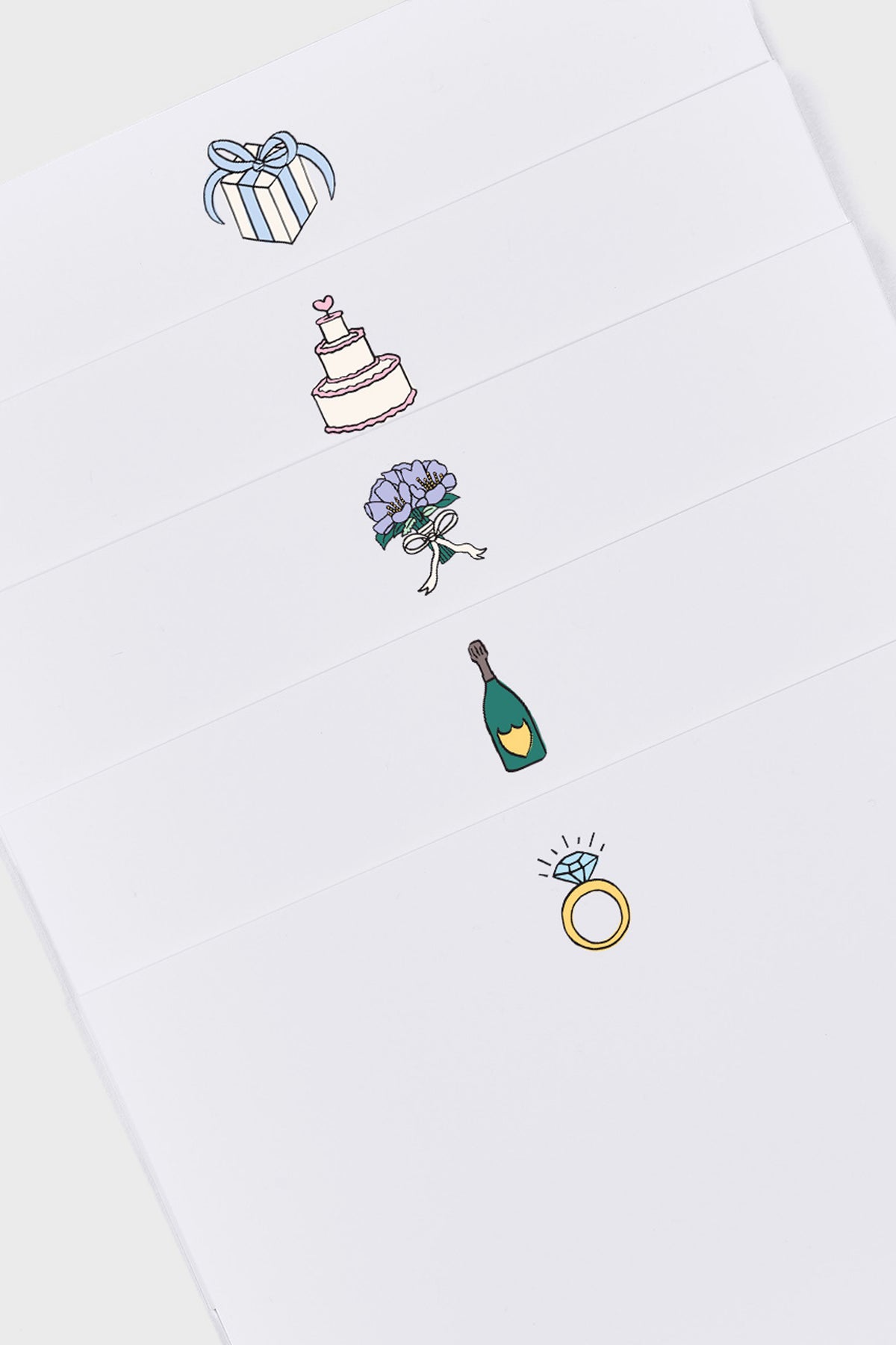 Dear Annabelle offers five sheets of white paper, each featuring a unique wedding-themed illustration—a gift box, cake, bouquet, champagne bottle, and diamond ring—perfect for wedding cards or bridal shower invitations.