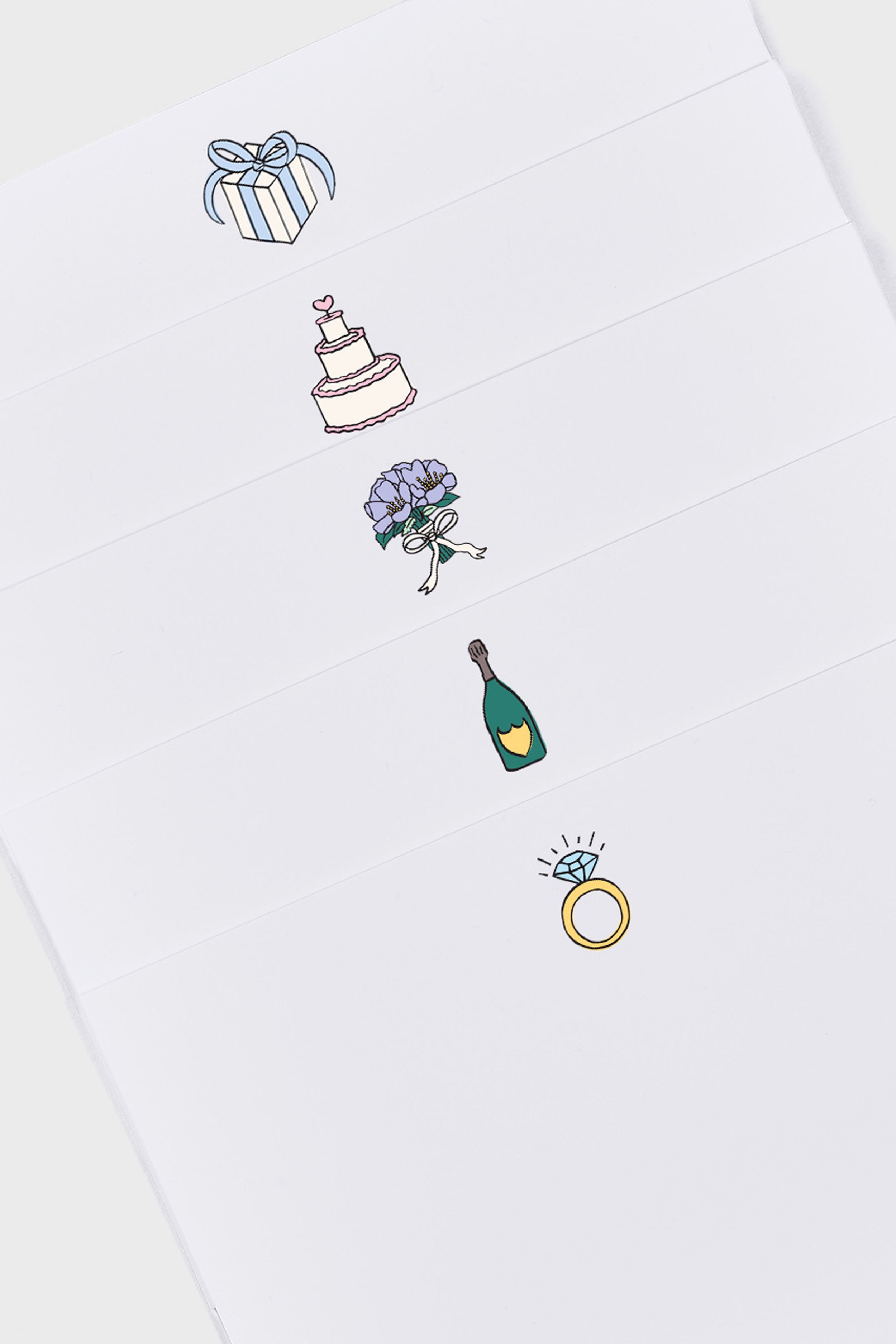 Dear Annabelle offers five sheets of white paper, each featuring a unique wedding-themed illustration—a gift box, cake, bouquet, champagne bottle, and diamond ring—perfect for wedding cards or bridal shower invitations.