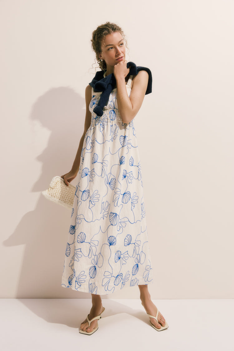 Hyacinth House Cream & Royal Blue Embroidered Beverly Maxi Dress Cream & Royal Blue Embroidered / L