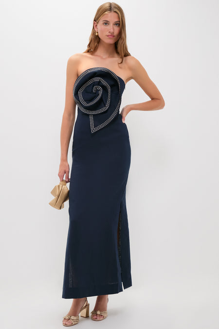 Navy Tactos Embroidered Maxi Dress