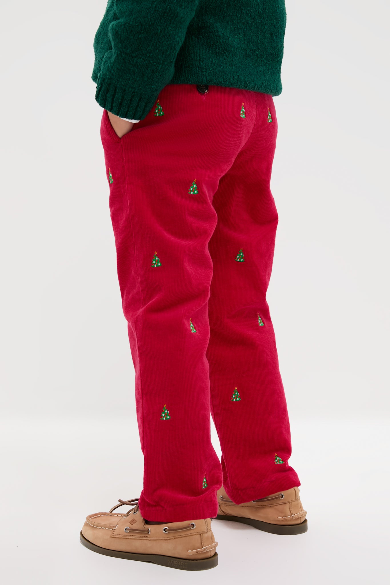 Crimson Christmas Tree Embroidered Boys Corduroy Pants